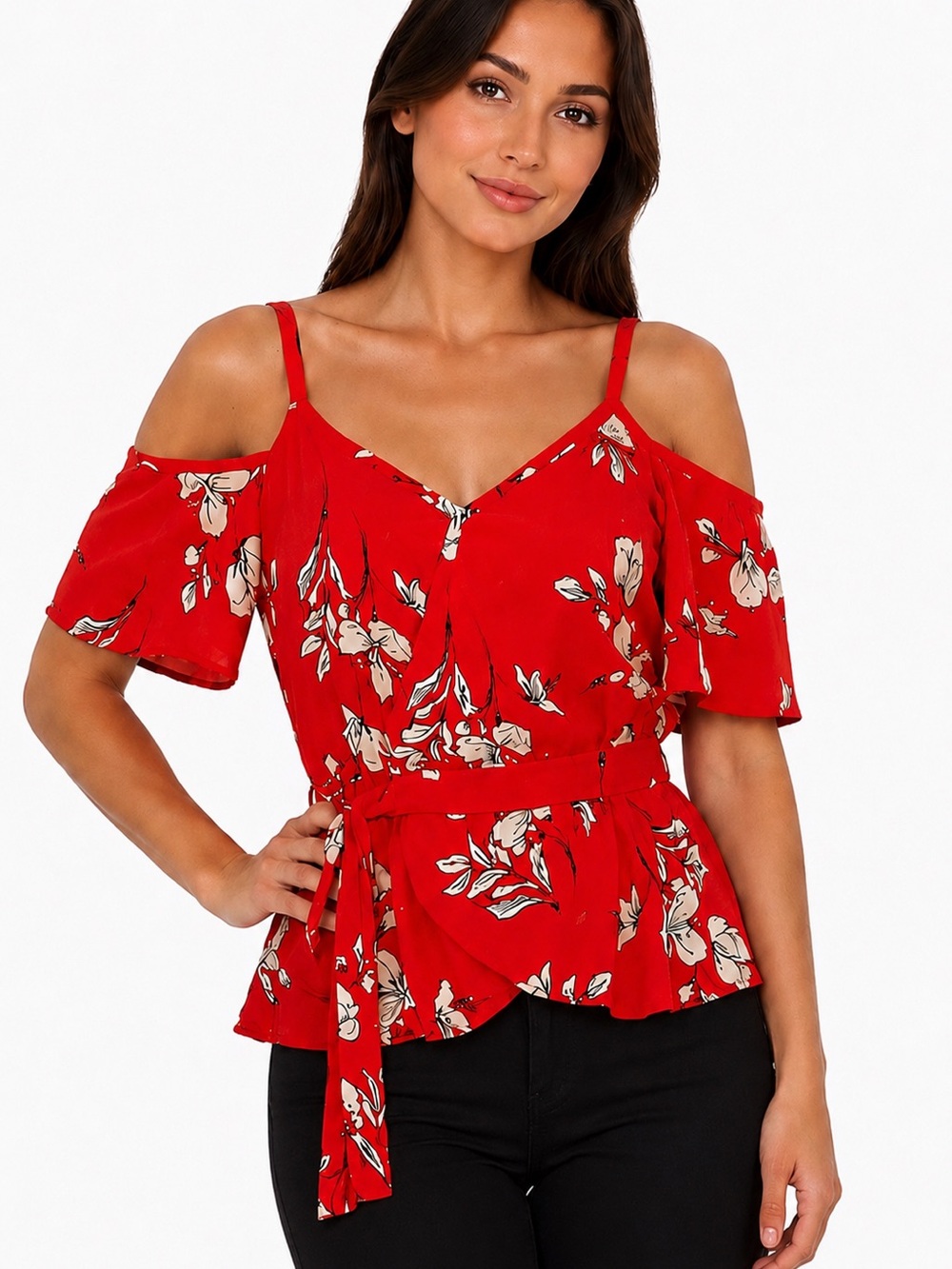 Sienna Sky Red Floral Cold-Shoulder Blouse - Size S